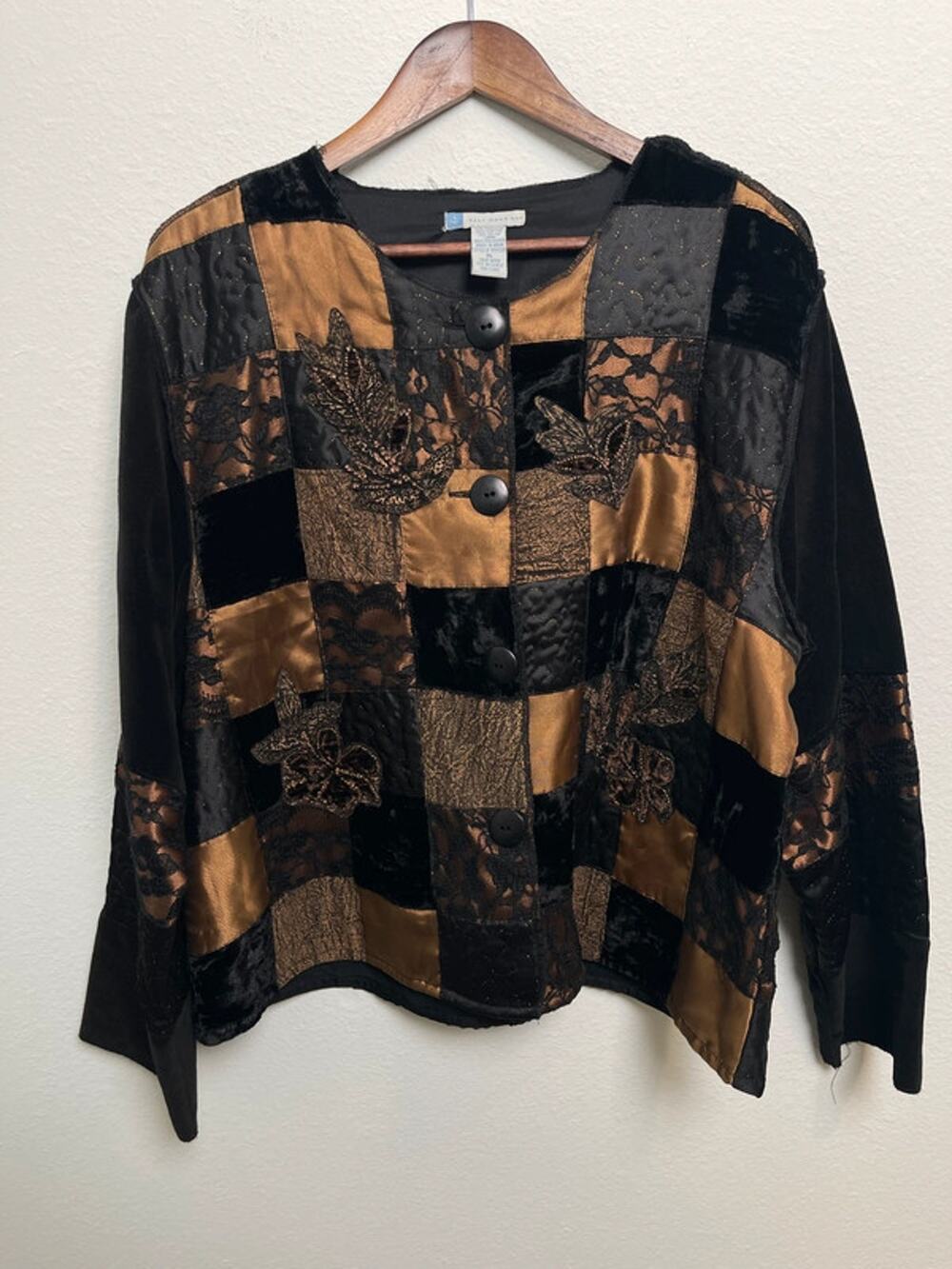 Vintage Half Moon Bay Patchwork Jacket Black Gold Velvet Lace Embellished XL